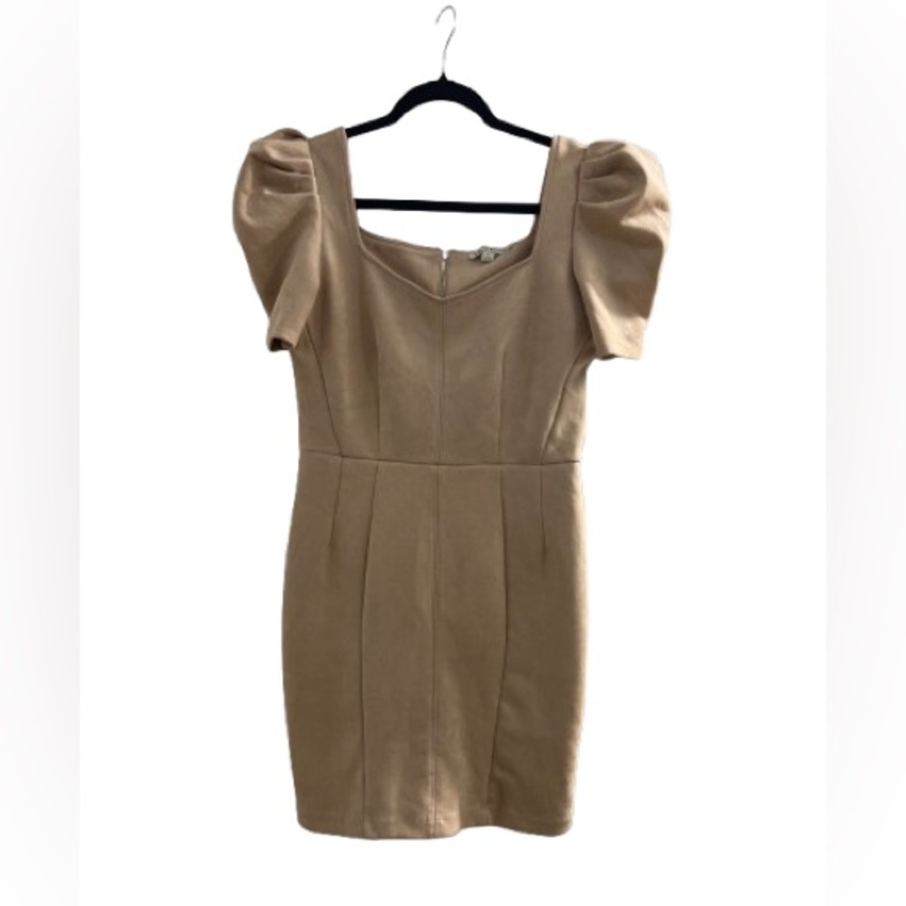 Haute Monde Tan Mini Dress with Puff Sleeves
